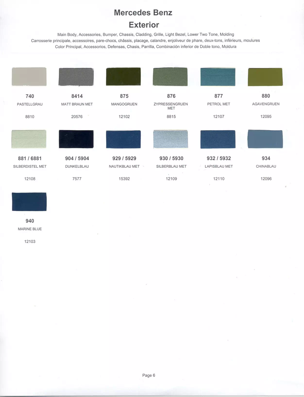 Color swatches that represent colors used on Mercedes Benz automobiles.  Color codes, Paint swatches, Ordering Stock numbers  and Color Names for Mercedes Benz automobiles.