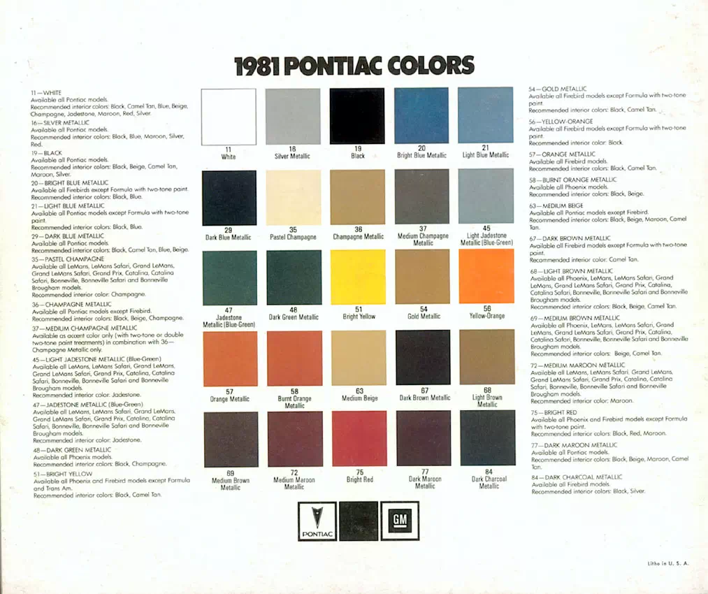 Chart that shows the Colors used on Pontiac Vehicles and the Code to look them up.