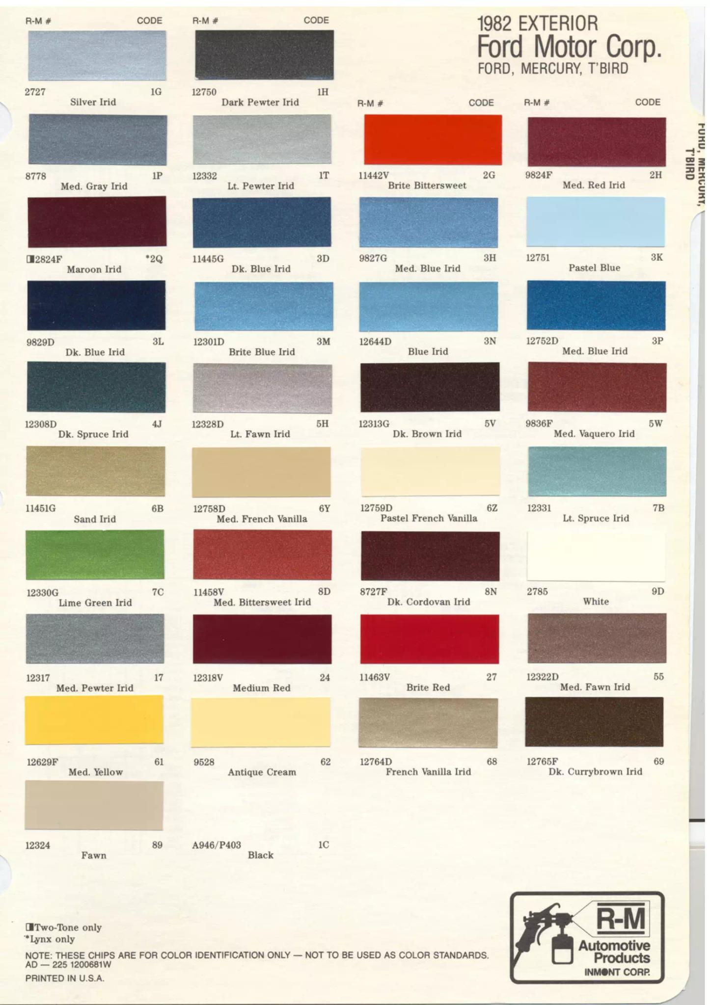 1982 Ford, Mercury and Tbird Paint Chart and Color Codes Colors, Codes and Examples used in 1982 on Ford and Mercury Vehicles