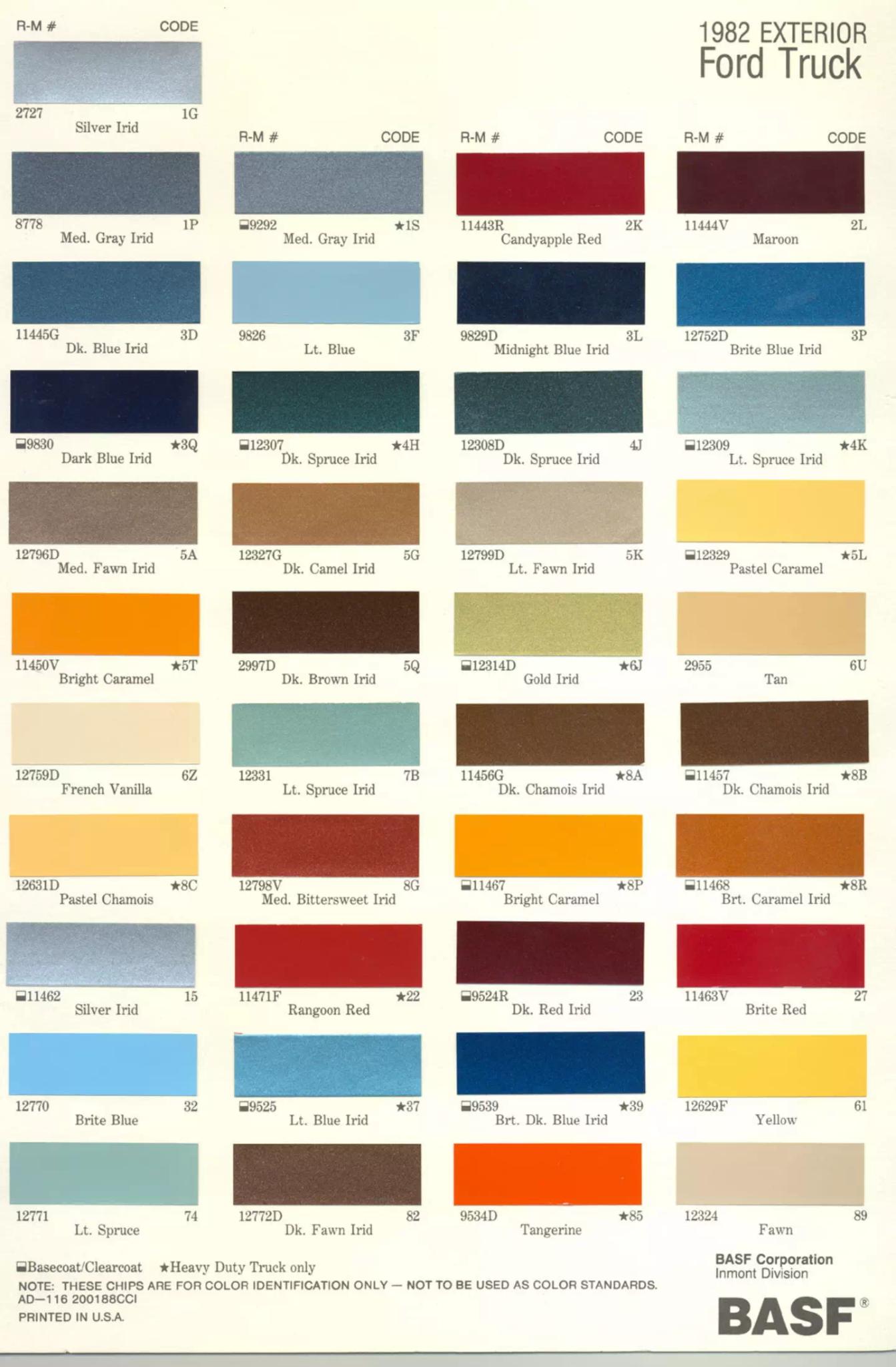 1982 Ford Trucks Paint Chart Version 2 and Paint Codes Colors, Codes and Examples used in 1982 on Ford Vehicles