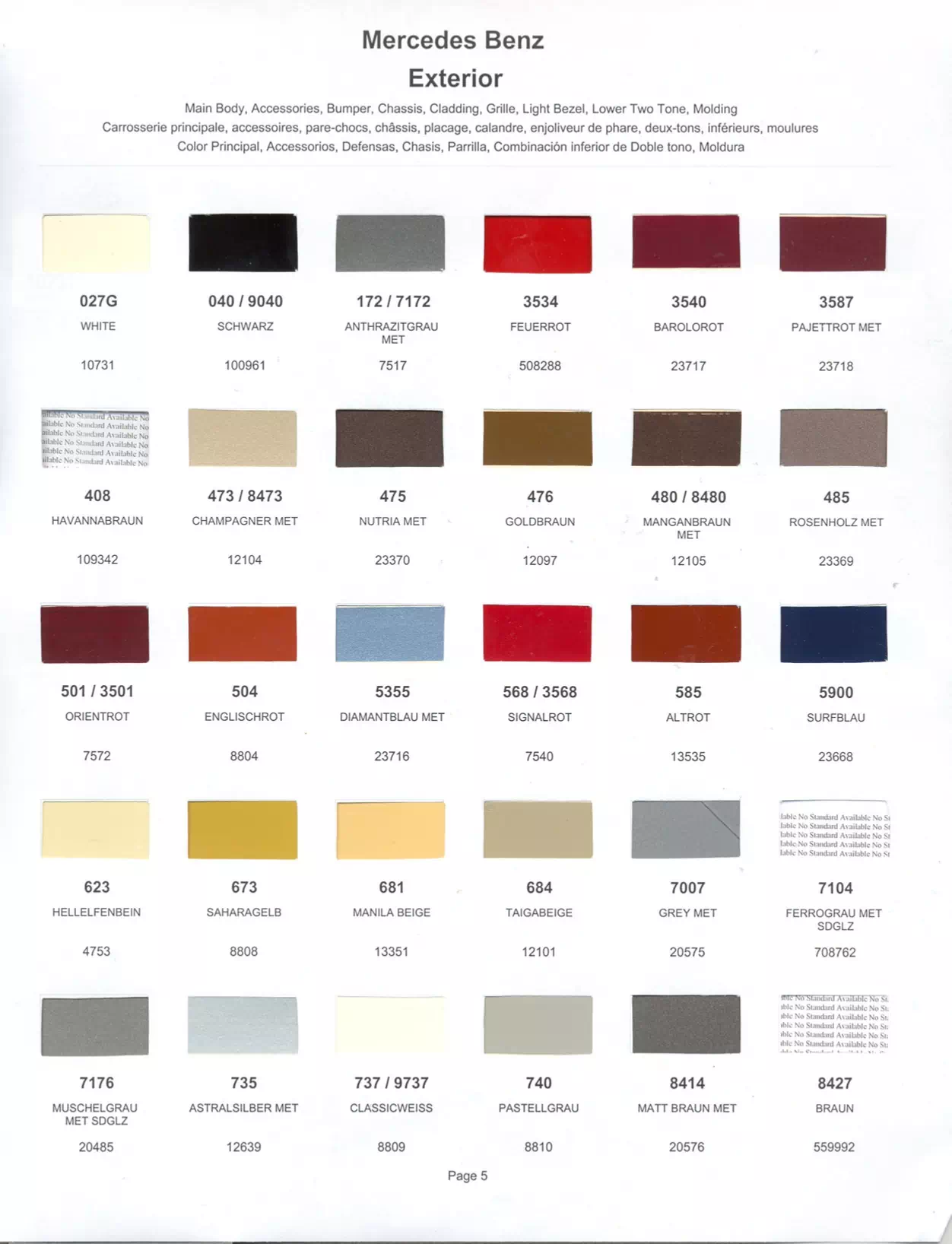 Color swatches that represent colors used on Mercedes Benz automobiles.  Color codes, Paint swatches, Ordering Stock numbers  and Color Names for Mercedes Benz automobiles.