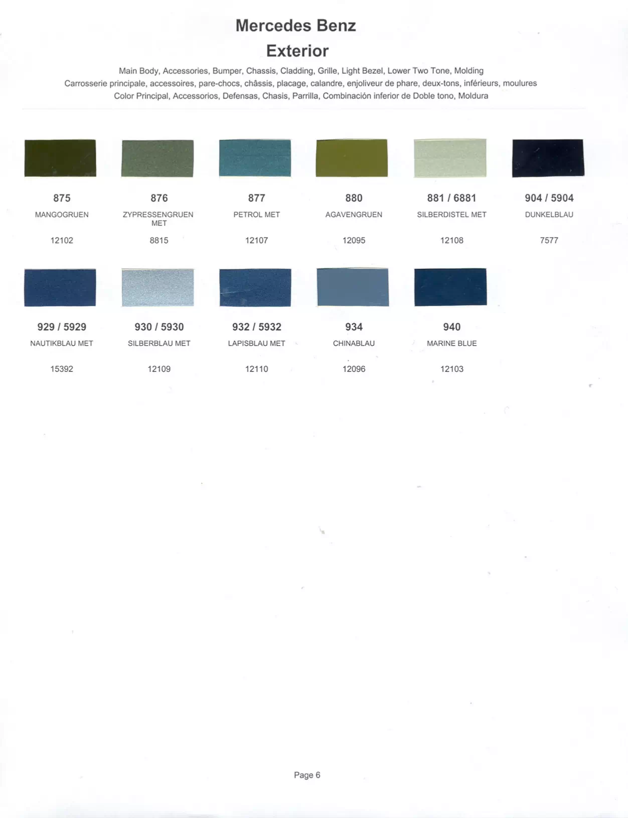 Color swatches that represent colors used on Mercedes Benz automobiles.  Color codes, Paint swatches, Ordering Stock numbers  and Color Names for Mercedes Benz automobiles.