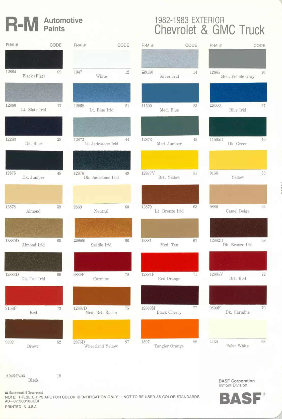 1983 Chevrolet & GMC Paint Codes & Color Chart Paint color examples, their ordering codes, the oem color code, and vehicles the color was used on