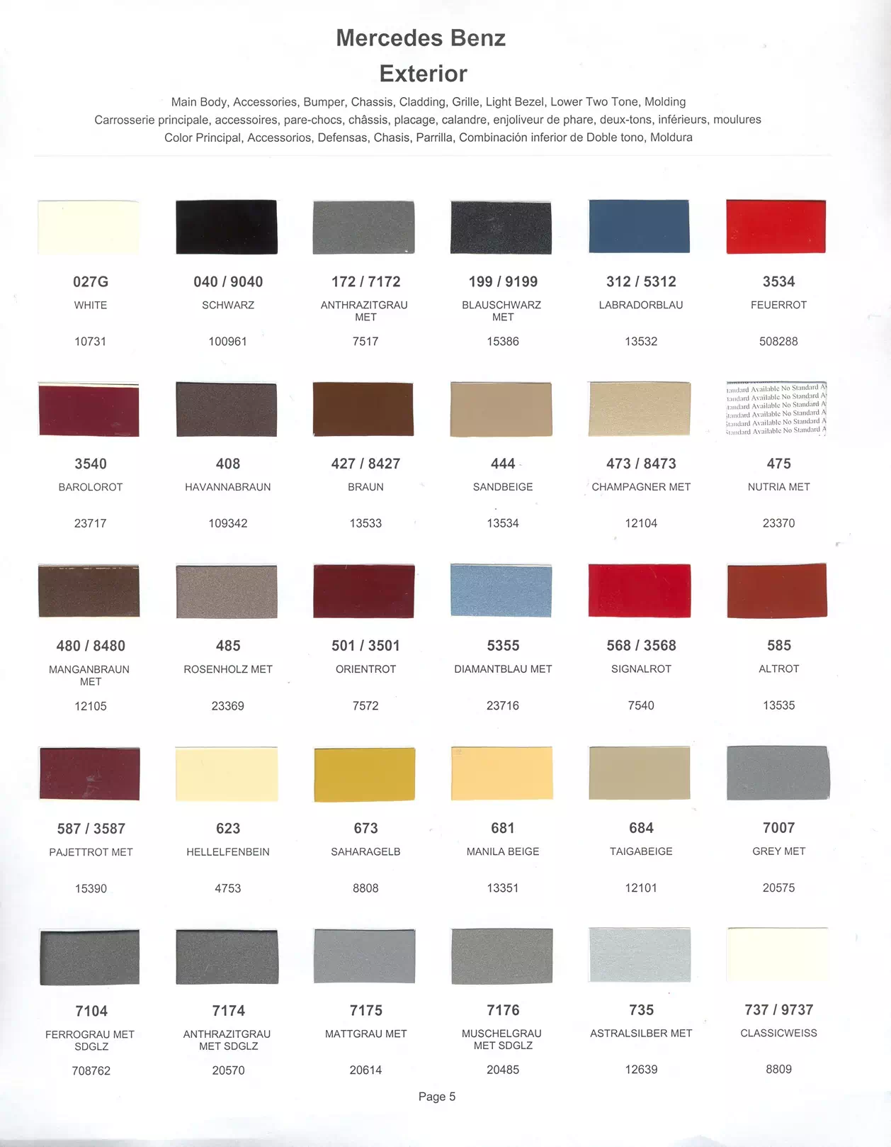 Color swatches that represent colors used on Mercedes Benz automobiles.  Color codes, Paint swatches, Ordering Stock numbers  and Color Names for Mercedes Benz automobiles.