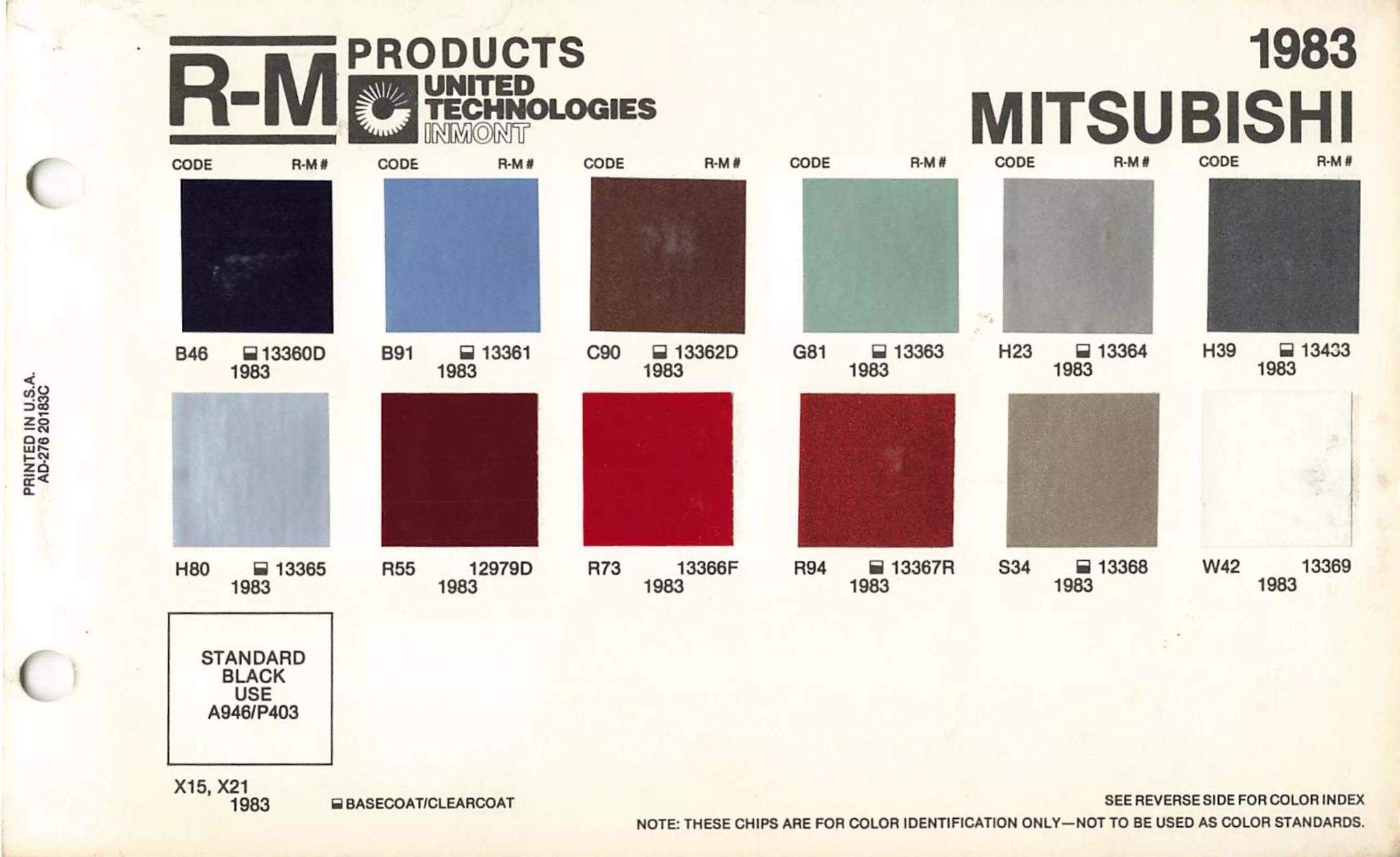 A paint code chart displaying various color swatches and corresponding codes. This chart is used to identify and select specific paint colors for mixing paint and or buying paint for your Mitsubishi vehicle. There are only so many paints used every year. This chart helps you decide what color it is.  