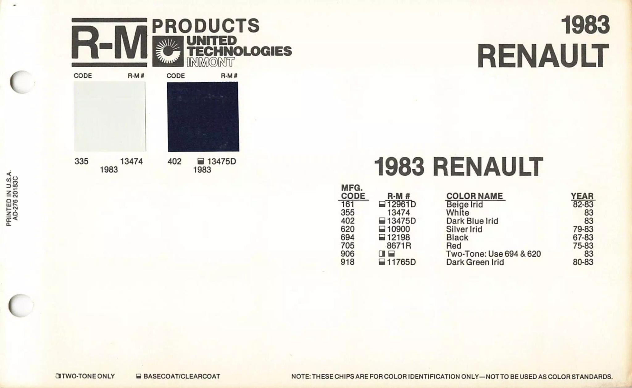 A paint chart for exterior colors, their codes, their names, and swatches for Renault automobiles.