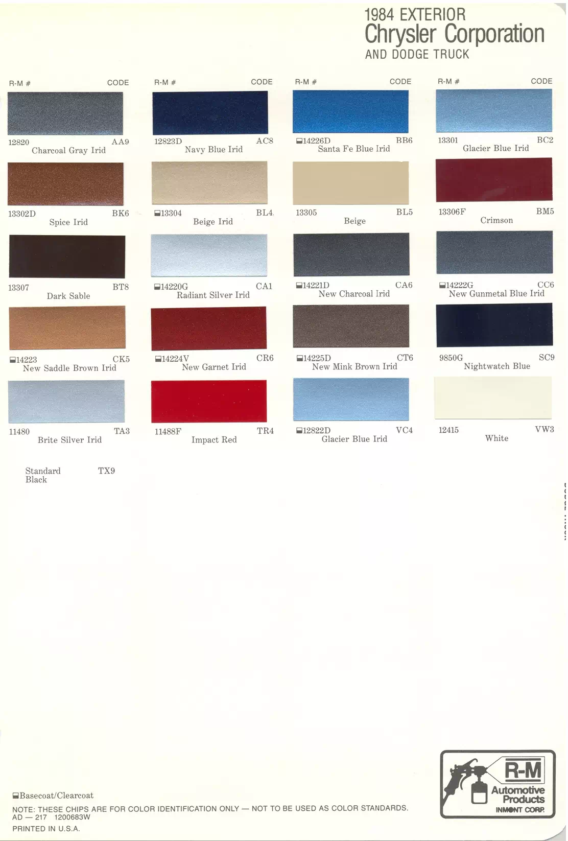 1984 Chrysler, Dodge & Plymouth Paint Codes & Color Chart Paint color examples, their ordering codes, the oem color code, and vehicles the color was used on