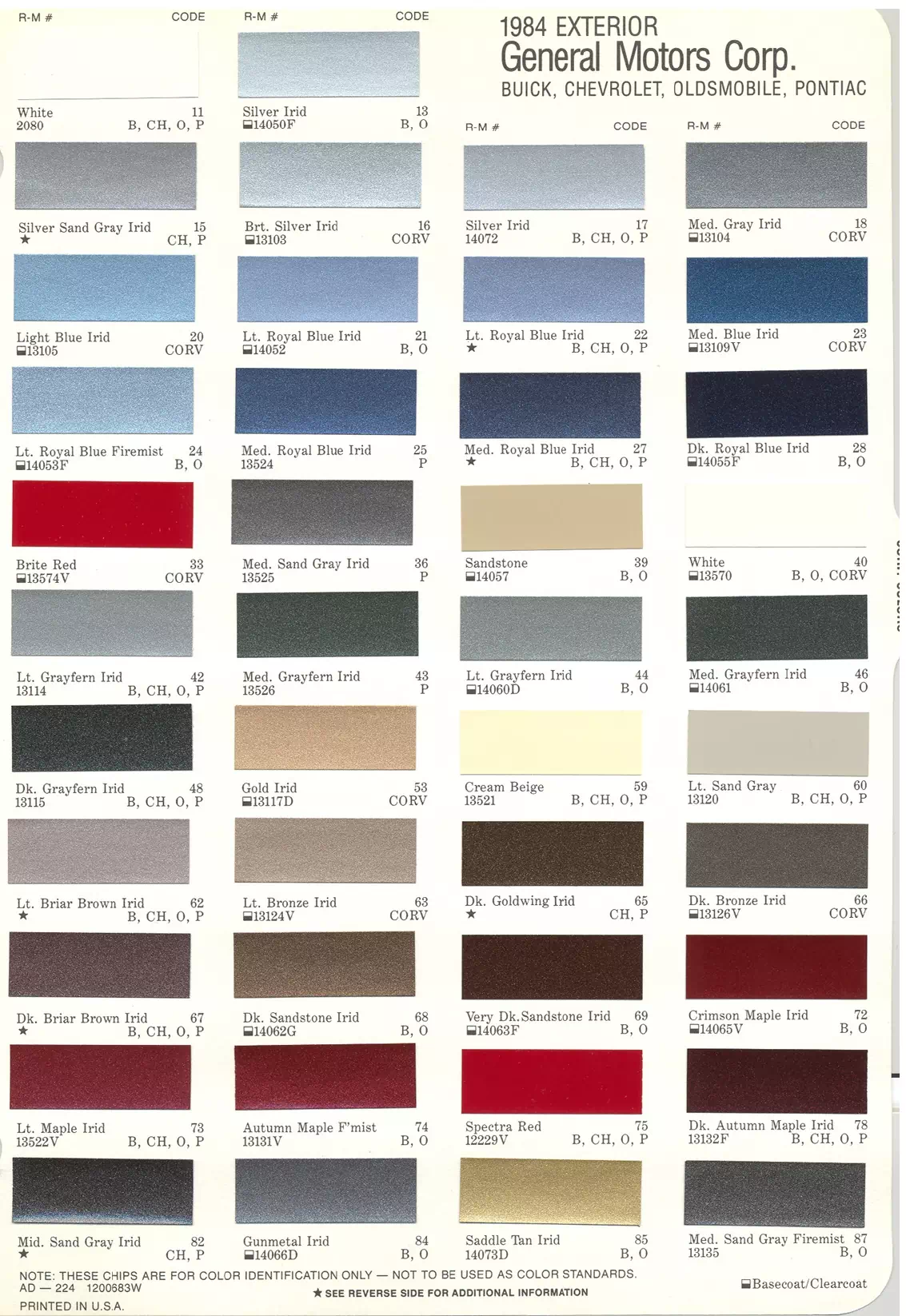 1984 General Motors, Buick, Chevrolet, Oldsmobile & Pontiac Paint Codes & Color Chart Paint color examples, their ordering codes, the oem color code, and vehicles the color was used on