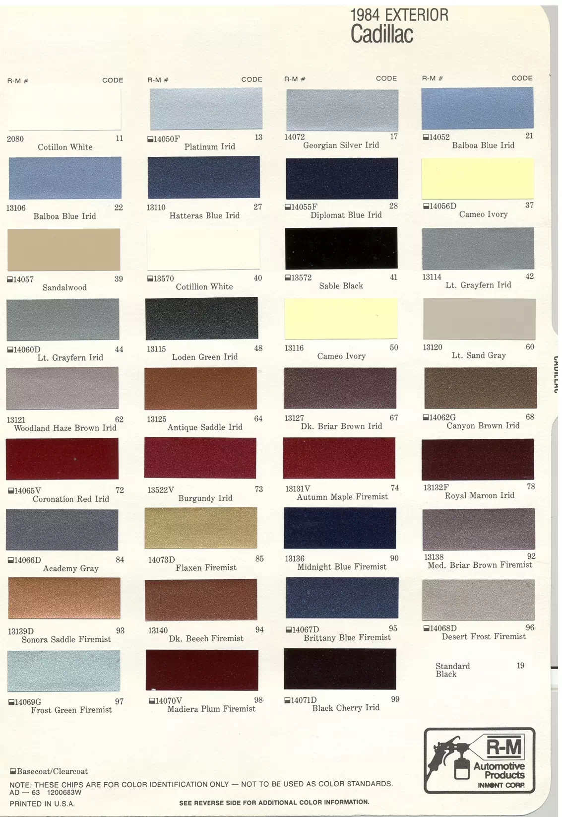 1984 Cadillac Paint Codes & Color Chart Paint color examples, their ordering codes, the oem color code, and vehicles the color was used on
