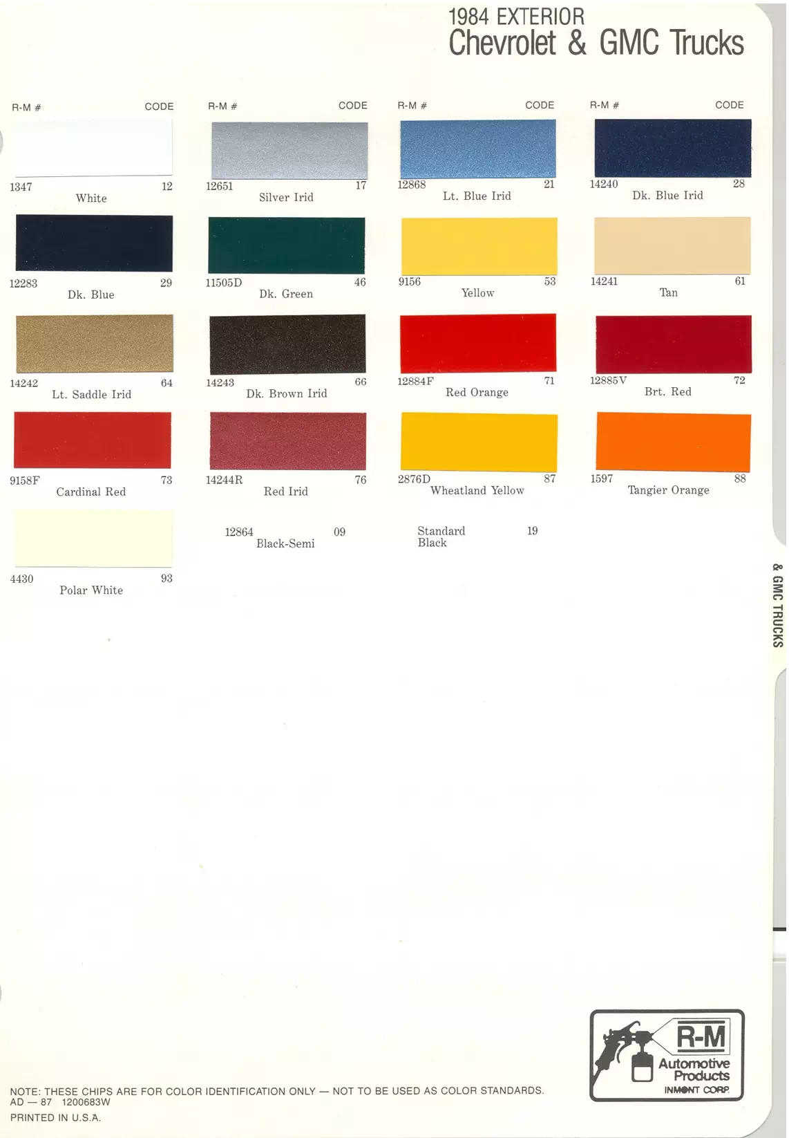 1984 Chevrolet & GMC Trucks Paint Codes & Color Chart Paint color examples, their ordering codes, the oem color code, and vehicles the color was used on