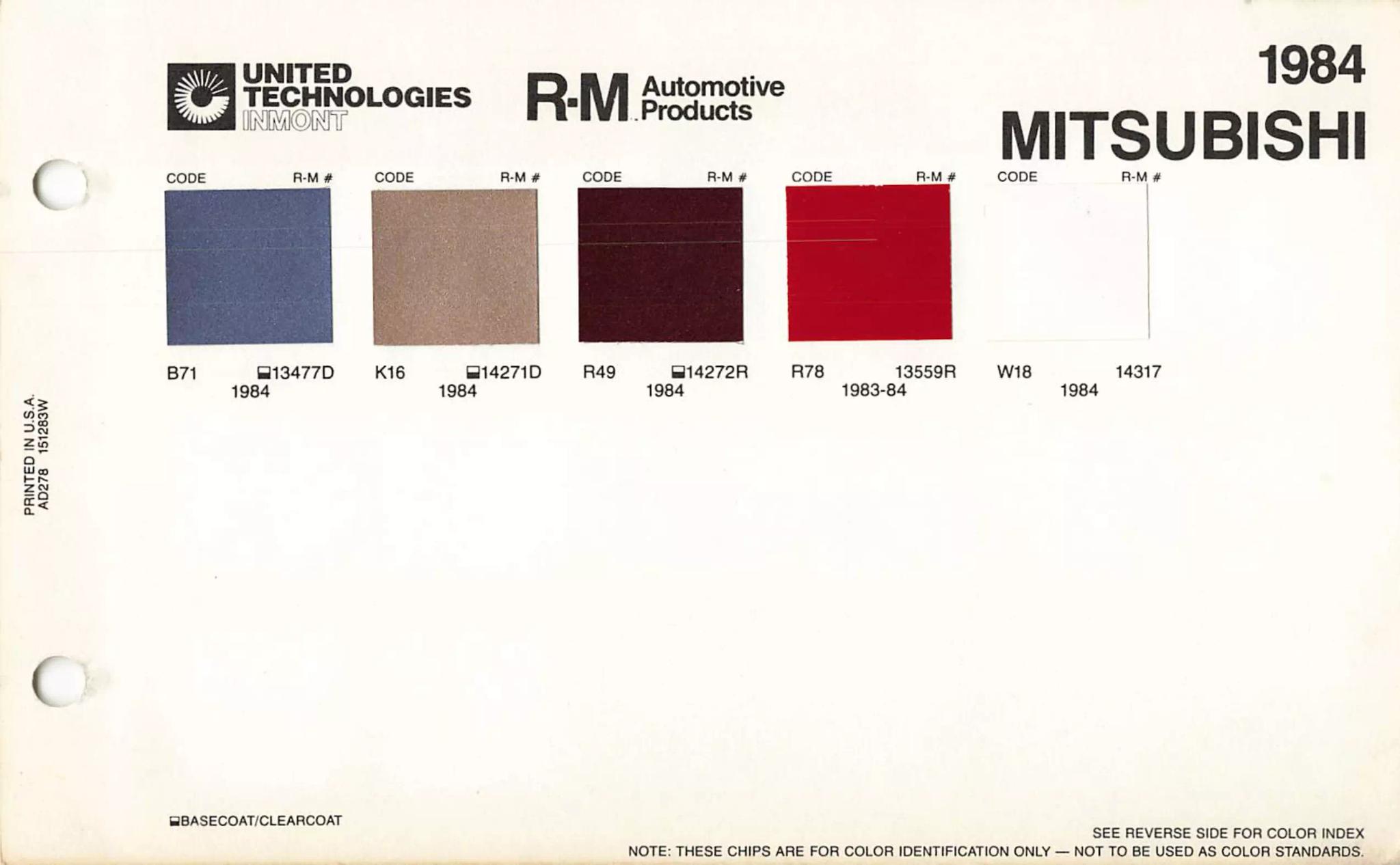 1984 Mitsubishi Paint Codes & Color Chart A paint code chart displaying various color swatches and corresponding codes. This chart is used to identify and select specific paint colors for mixing paint and or buying paint for your Mitsubishi vehicle. There are only so many paints used every year. This chart helps you decide what color it is.
