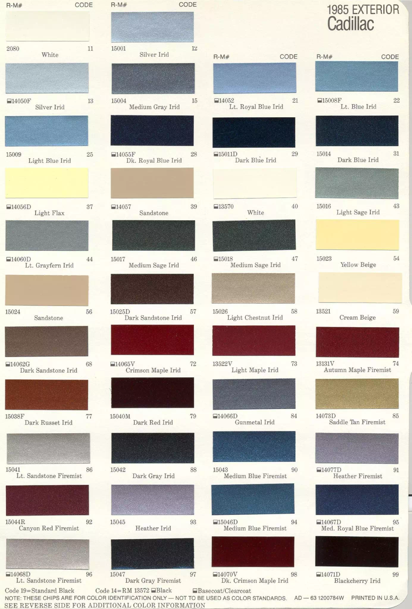 General Motors oem paint swatches, color codes and color names for 1985 vehicles.