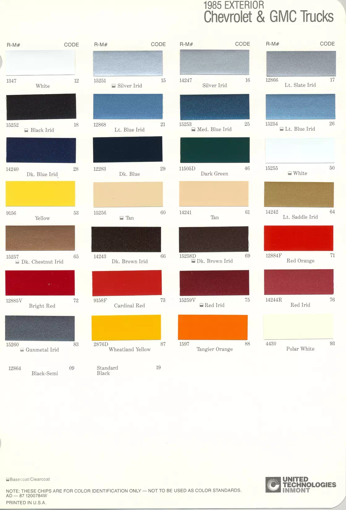 1985 Chevrolet & GMC Trucks Paint Codes & Color Chart Paint color examples, their ordering codes, the oem color code, and vehicles the color was used on