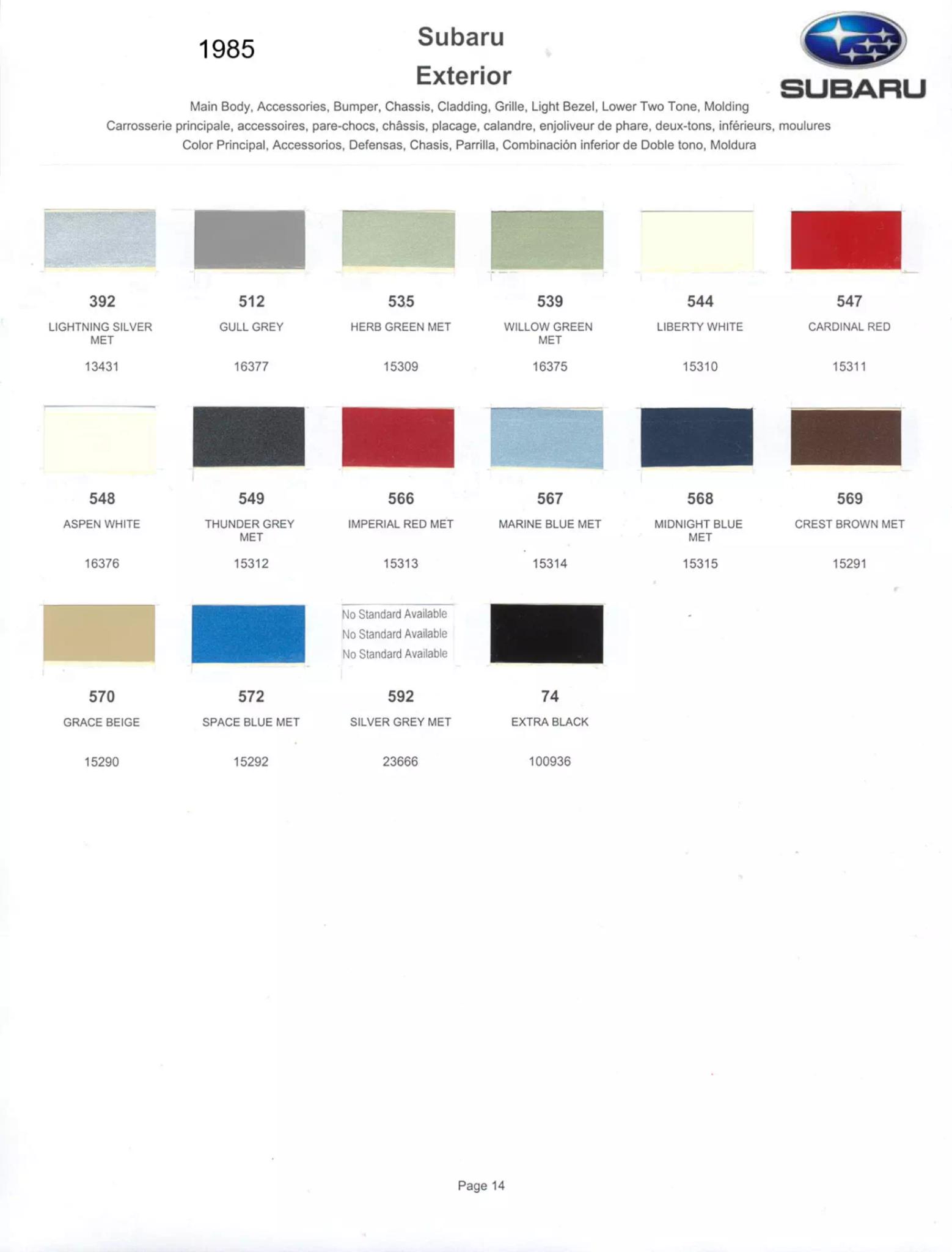 Paint Color and Codes Used By Subaru