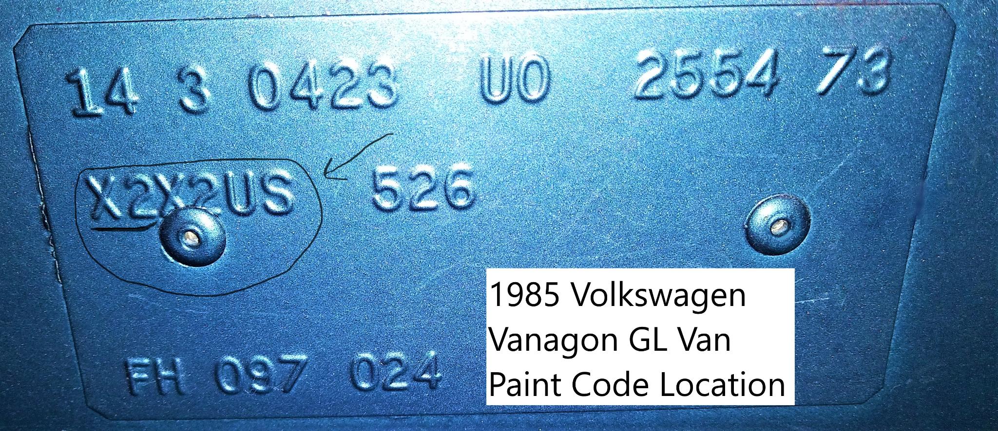 1985 Volkswagen Vanagon GL paint code location is under the driver side seat (in the United States)
