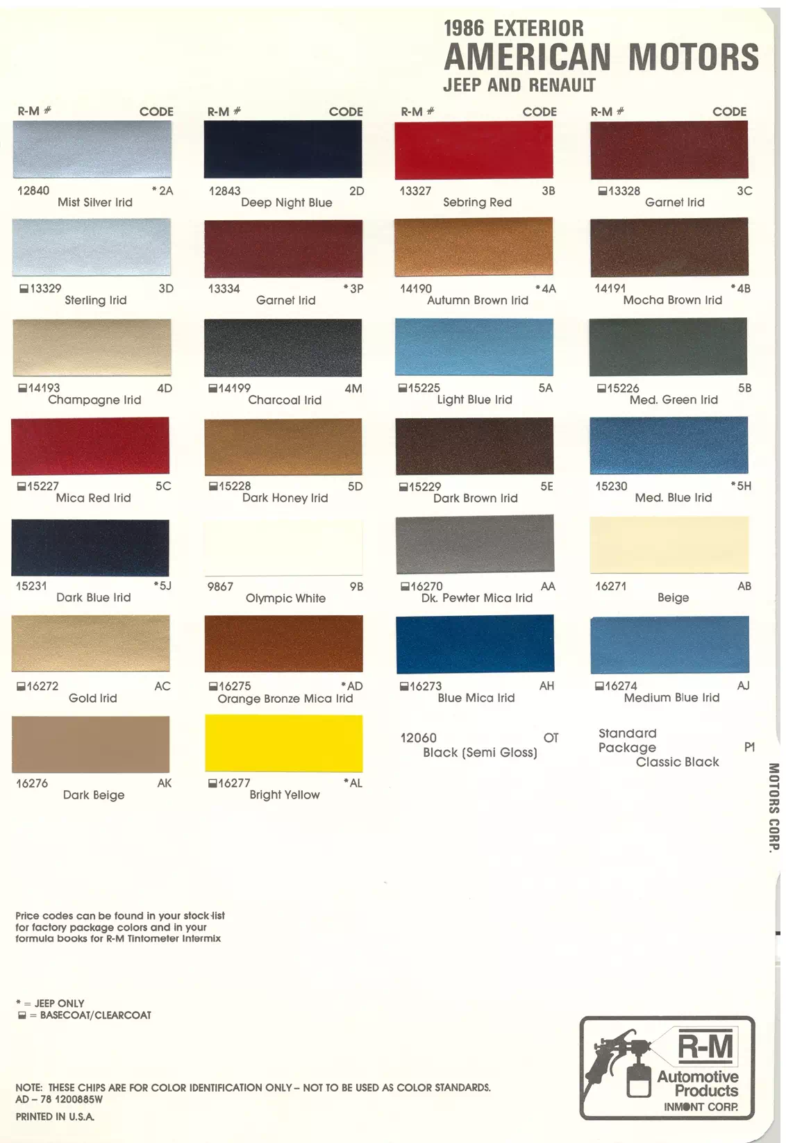 1986 AMC Paint Codes & Color Chart Paint color examples, their ordering codes, the oem color code, and vehicles the color was used on