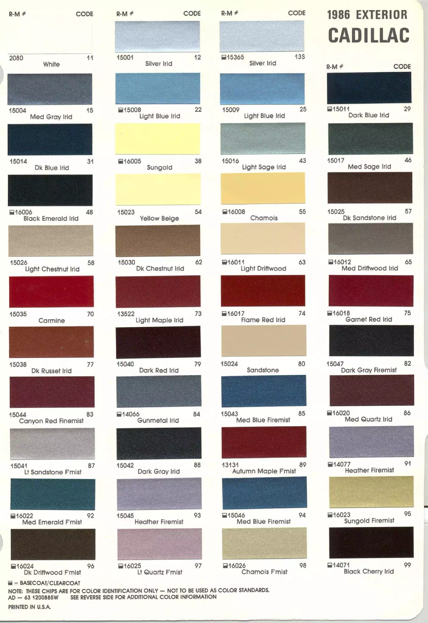 General Motors oem paint swatches, color codes and color names for 1986 vehicles.