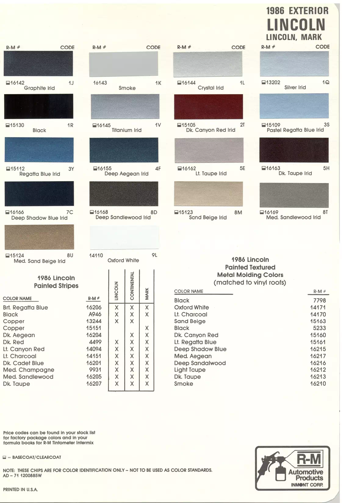 1986 Lincoln Paint Codes & Color Chart
