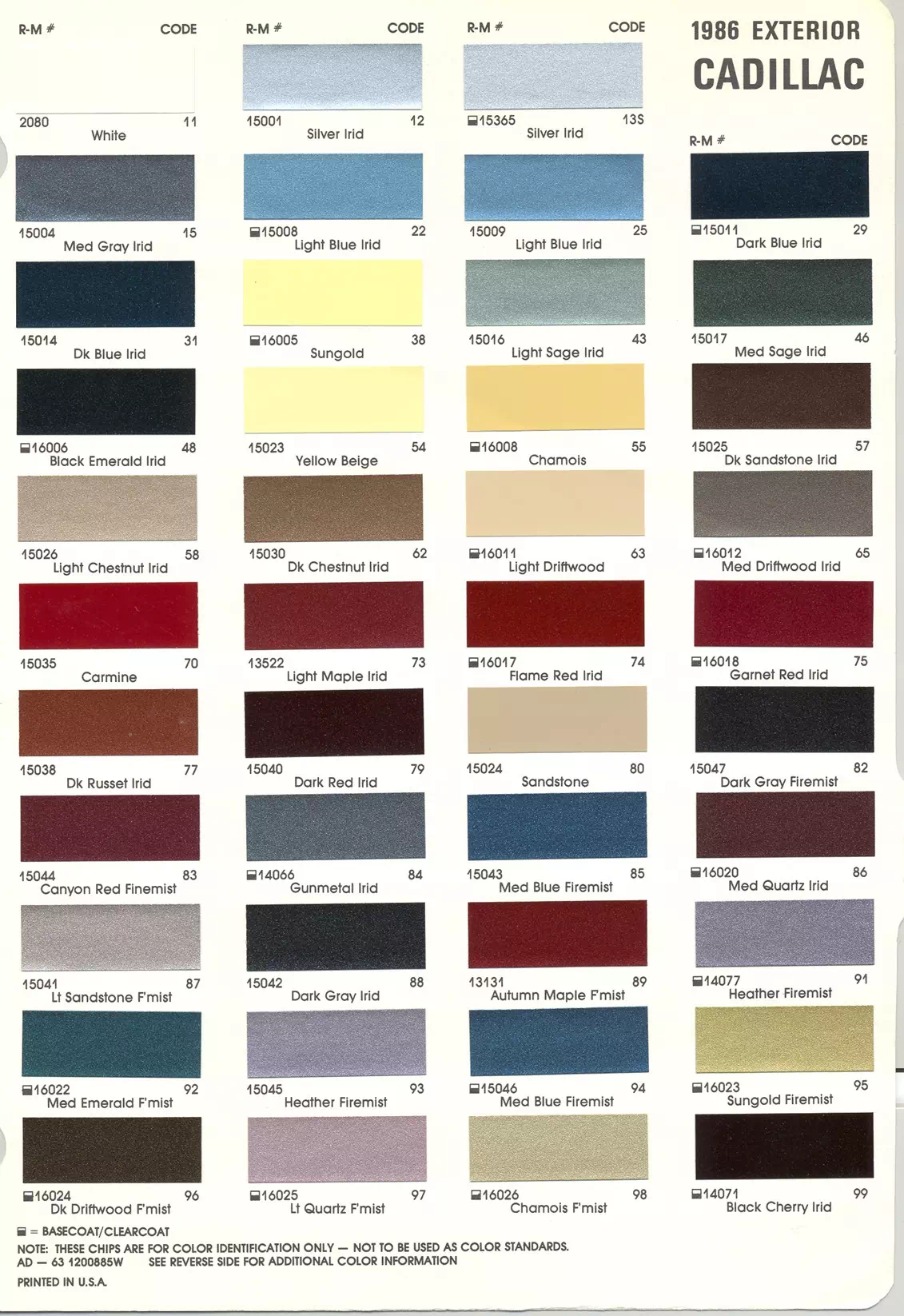 1986 Cadillac Paint Codes & Color Chart Paint color examples, their ordering codes, the oem color code, and vehicles the color was used on