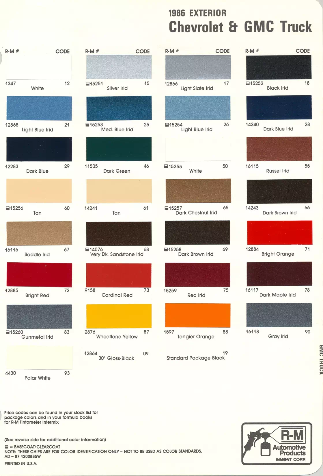 1986 Chevrolet & GMC Truck Paint Codes & Color Chart Paint color examples, their ordering codes, the oem color code, and vehicles the color was used on