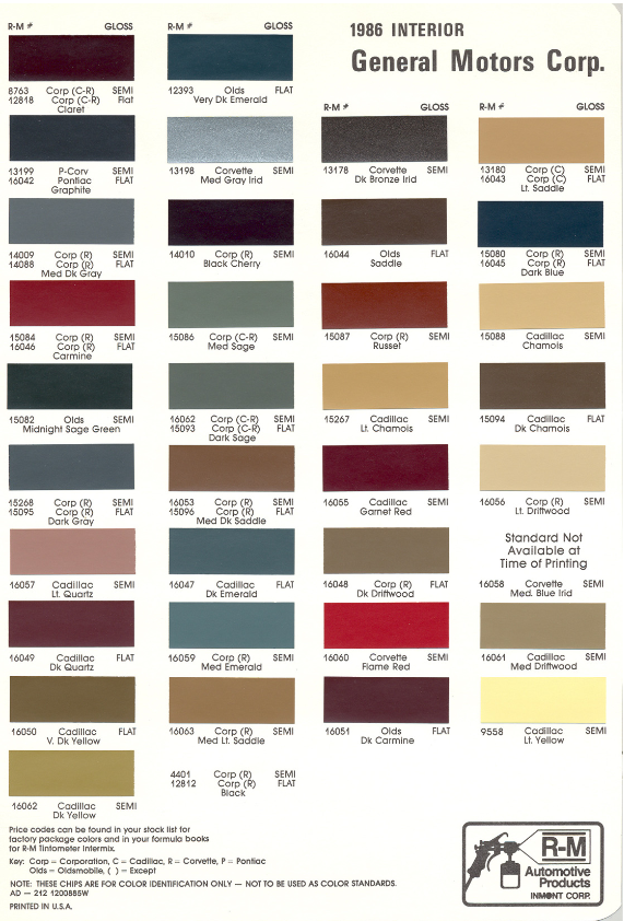 1986 all gm brands Interior Color & Code Paint Chart