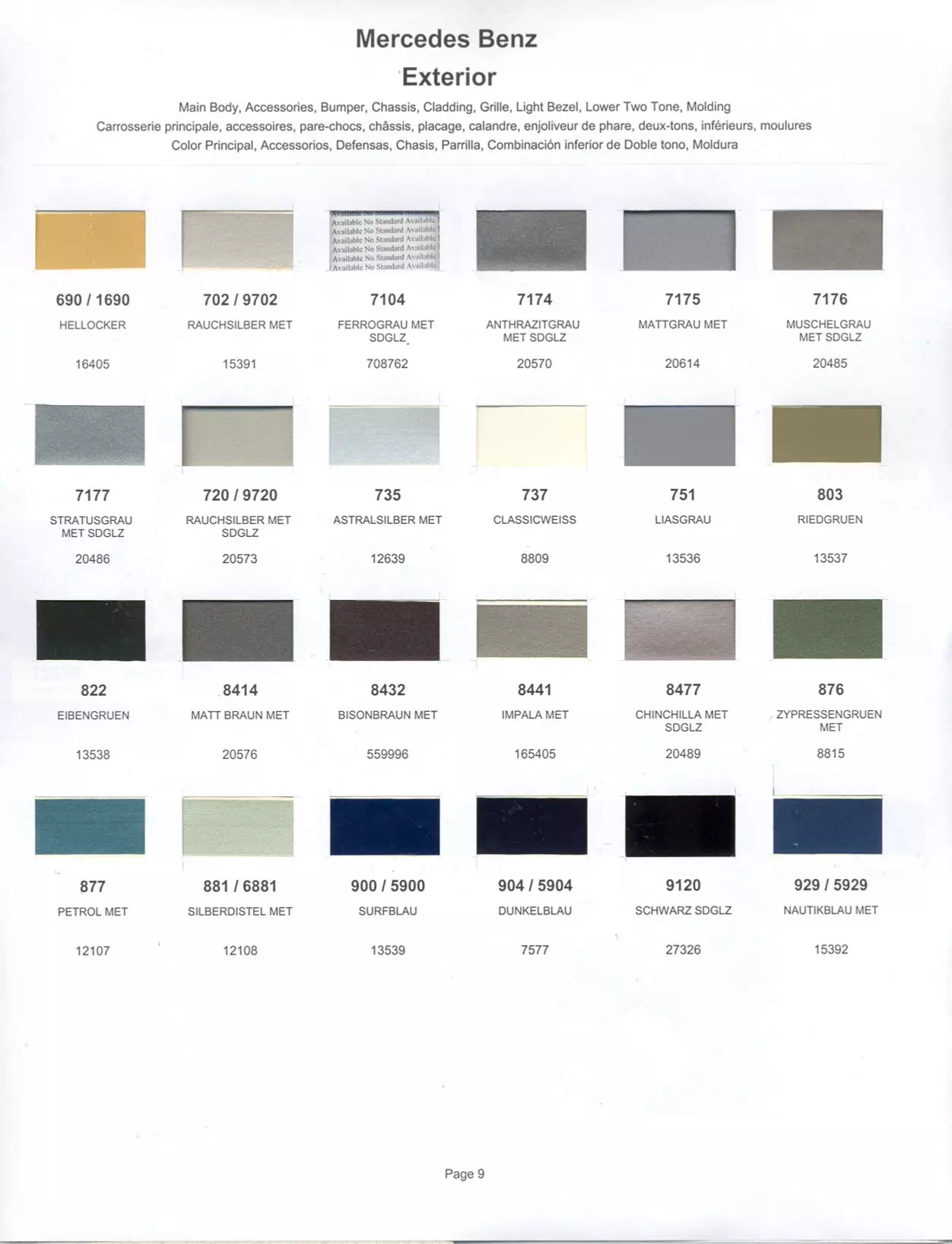 Color swatches that represent colors used on Mercedes Benz automobiles.  Color codes, Paint swatches, Ordering Stock numbers  and Color Names for Mercedes Benz automobiles.