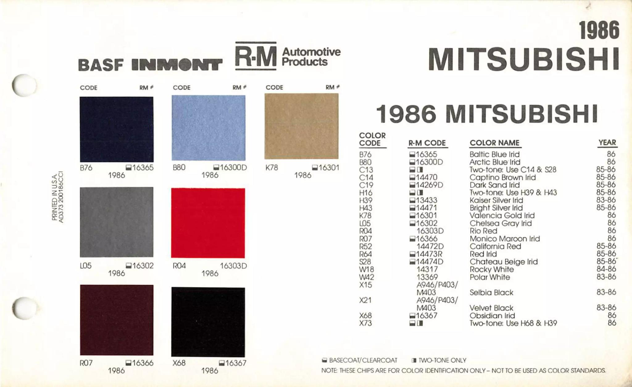 1986 Mitsubishi Paint Codes & Color Chart A paint code chart displaying various color swatches and corresponding codes. This chart is used to identify and select specific paint colors for mixing paint and or buying paint for your Mitsubishi vehicle. There are only so many paints used every year. This chart helps you decide what color it is.