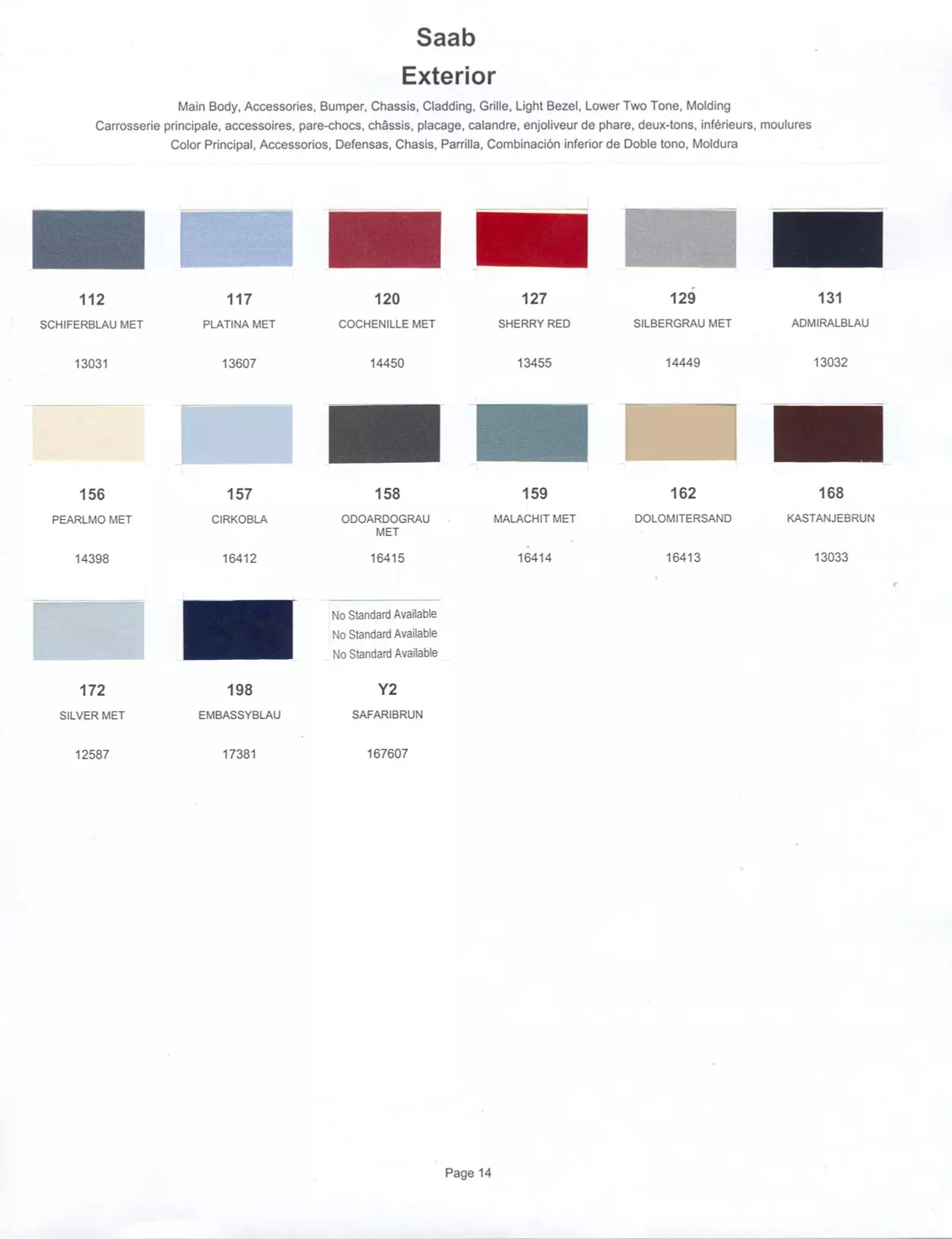 Paint chips of exterior paint colors for Saab vehicles and their ordering paint codes