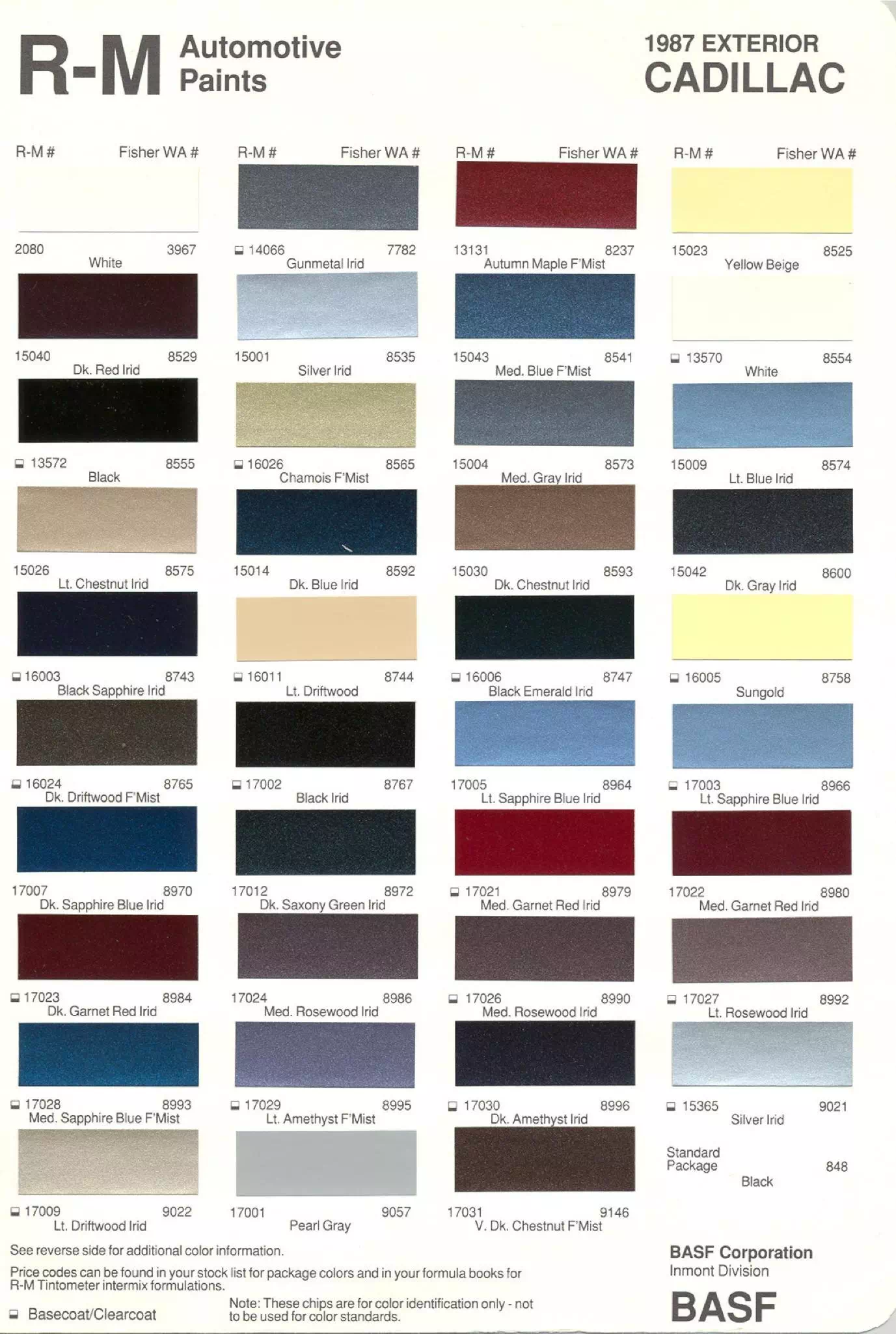 General Motors oem paint swatches, color codes and color names for 1987 vehicles.