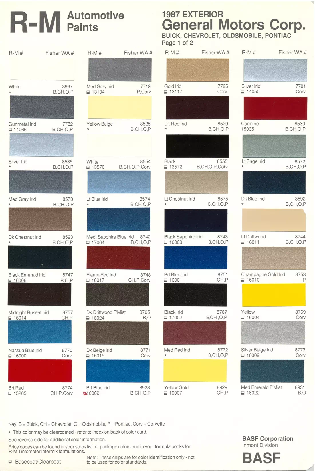 1987 General Motors Paint Codes & Color Chart Paint color examples, their ordering codes, the oem color code, and vehicles the color was used on