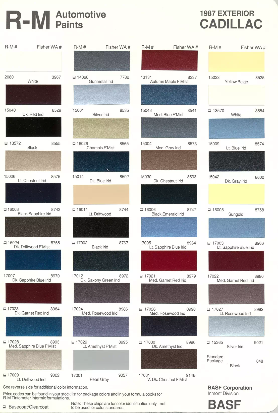 1987 Cadillac Paint Codes & Color Chart Paint color examples, their ordering codes, the oem color code, and vehicles the color was used on