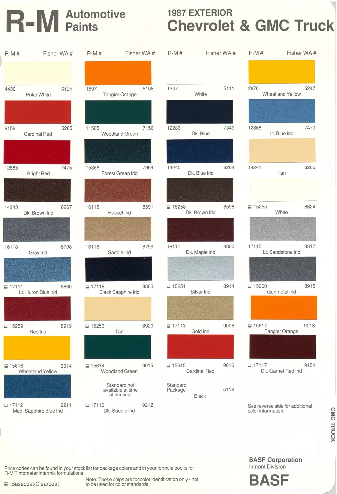 1987 Chevrolet & GMC Truck Paint Codes & Color Chart Paint color examples, their ordering codes, the oem color code, and vehicles the color was used on