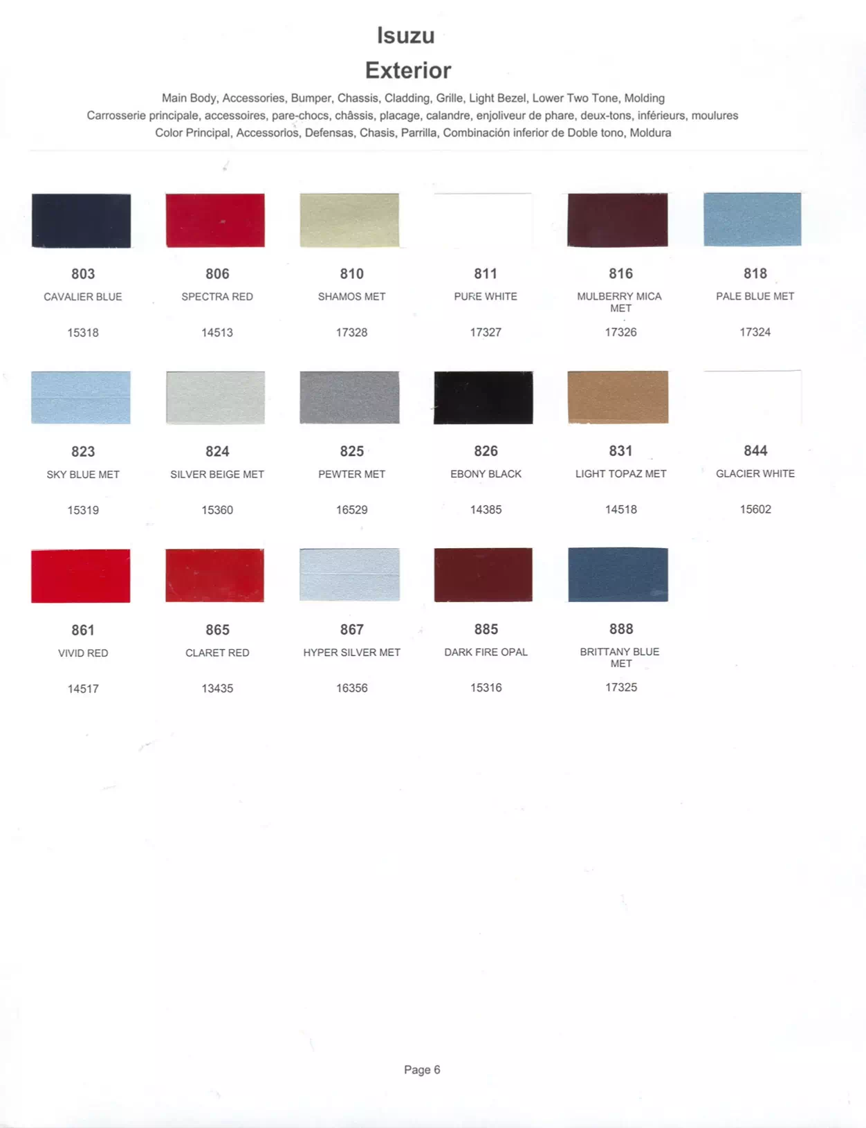 1987 Isuzu Paint Codes & Color Chart Paint color examples, their ordering codes, the oem color code, and vehicles the color was used on