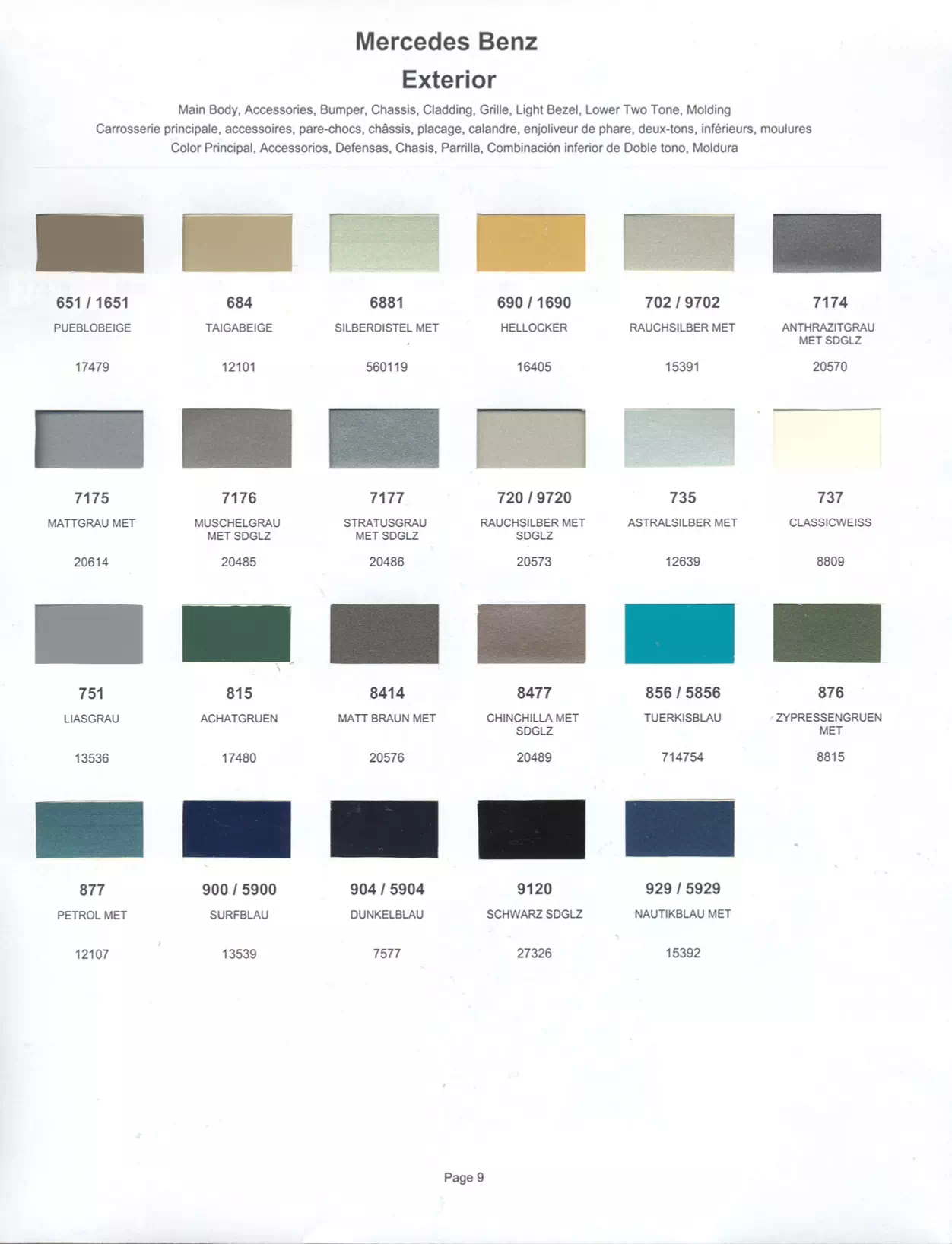 Color swatches that represent colors used on Mercedes Benz automobiles.  Color codes, Paint swatches, Ordering Stock numbers  and Color Names for Mercedes Benz automobiles.