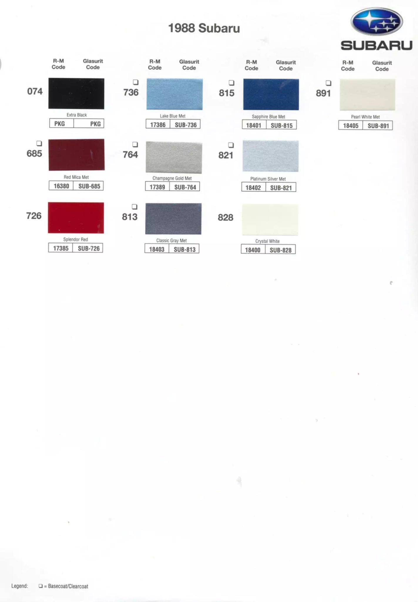 1988 Subaru Paint Chart and Color Codes Paint Color and Codes Used By Subaru