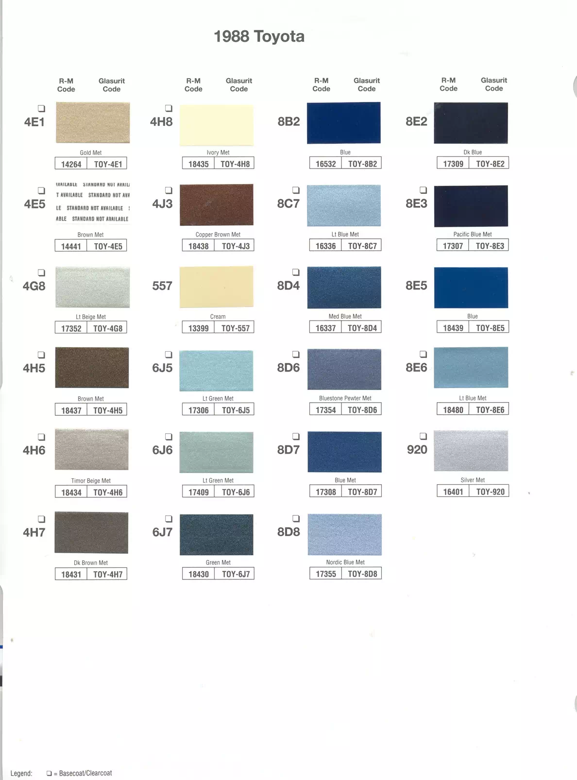 1988 Toyota Paint Codes and Color Chart Toyota and lexus vehicle paint codes for exterior cars, ordering codes and color shades