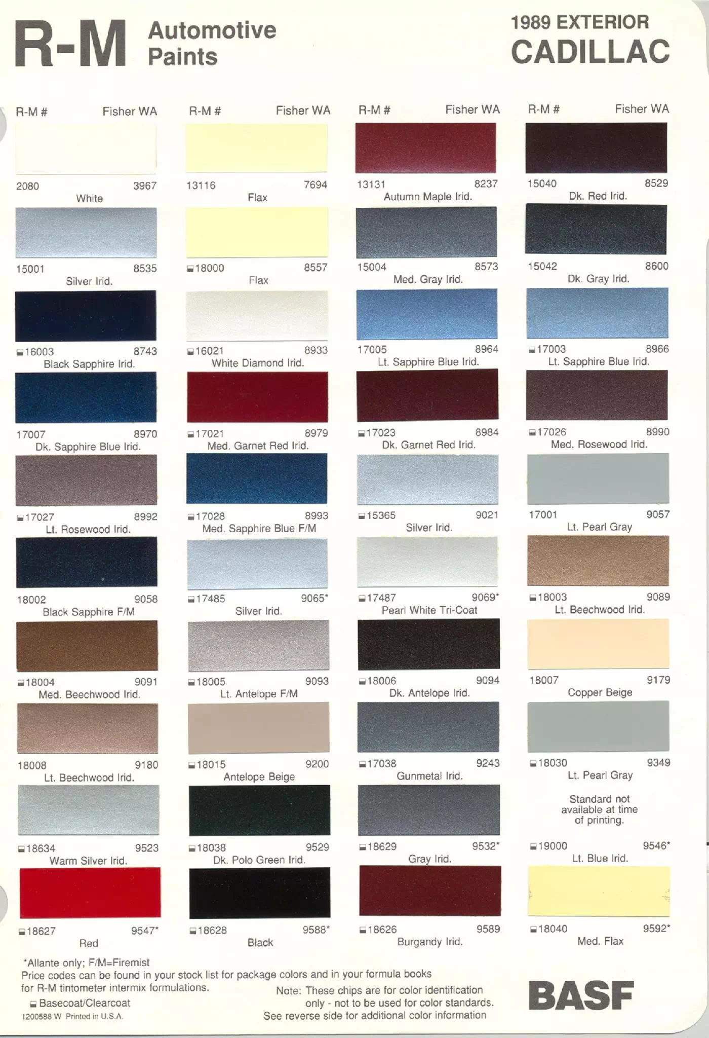 General Motors oem paint swatches, color codes and color names for 1989 vehicles.