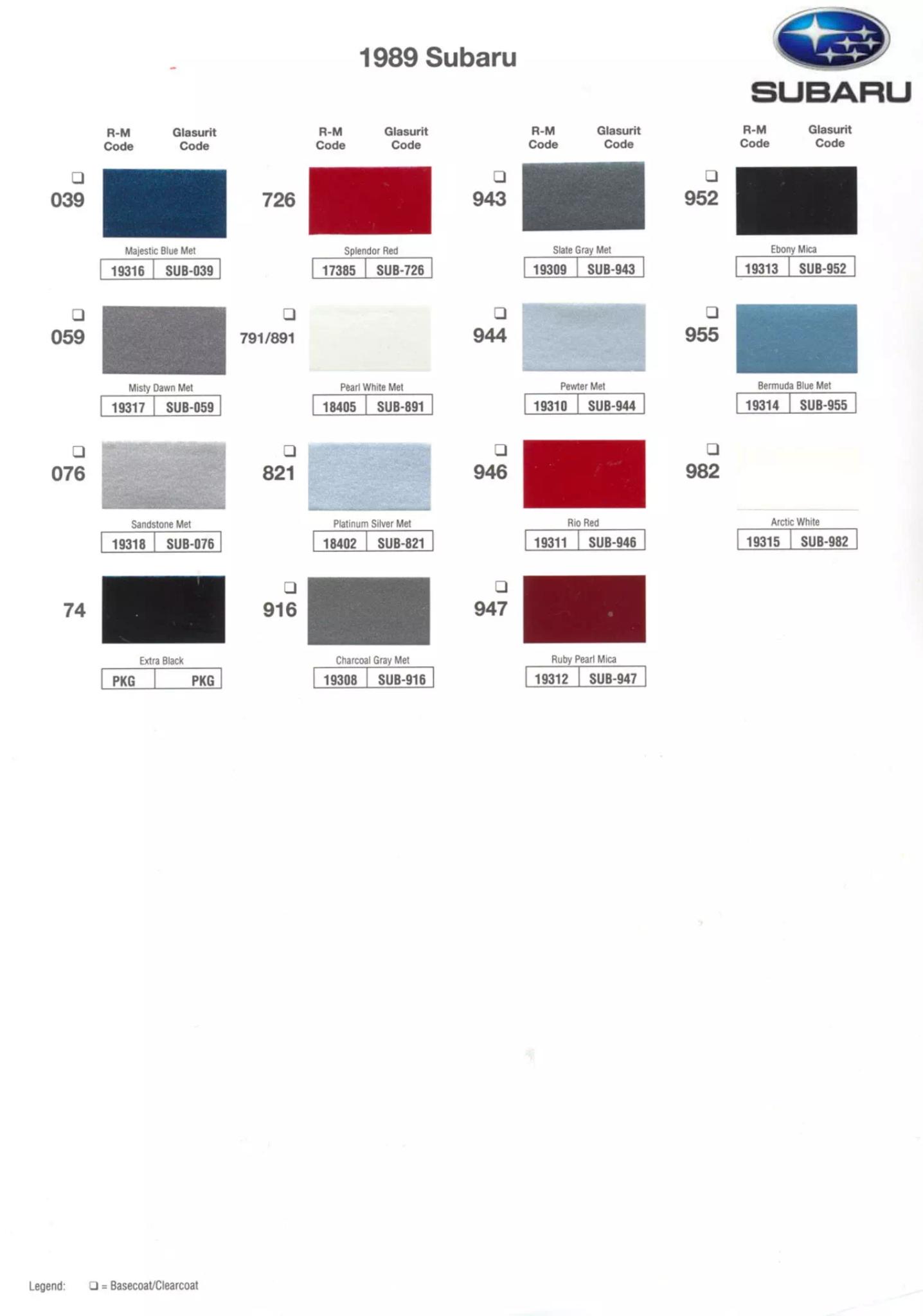 1989 Subaru Paint Chart and Color Codes Paint Color and Codes Used By Subaru