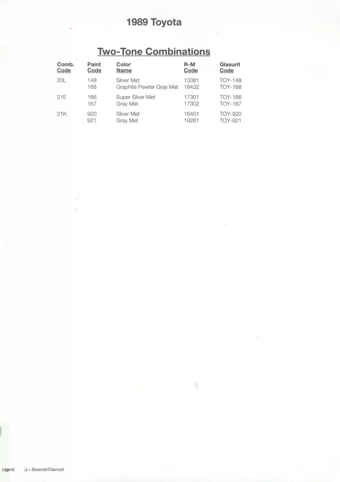 1989 Toyota Paint Codes and Color Chart Toyota and lexus vehicle paint codes for exterior cars, ordering codes and color shades