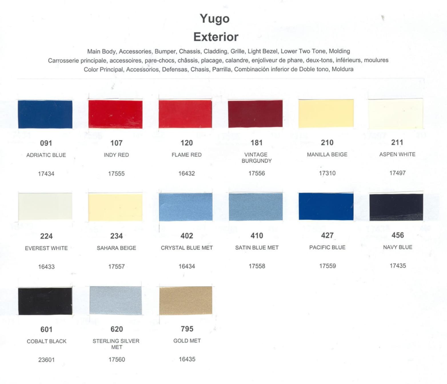 1989 Yugo Paint Chart and Color Codes Exterior Colors and their paint codes used on Yugo in 1989