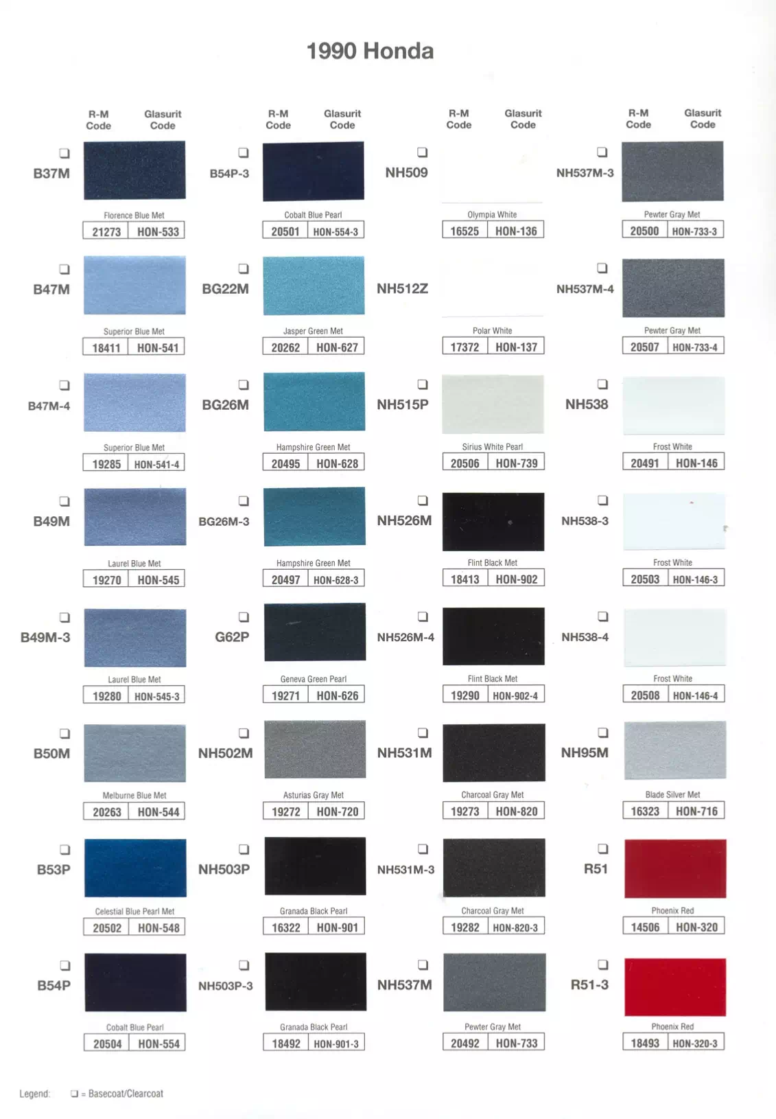 Exterior paint chips and their ordering codes for Honda and Acura Vehicles