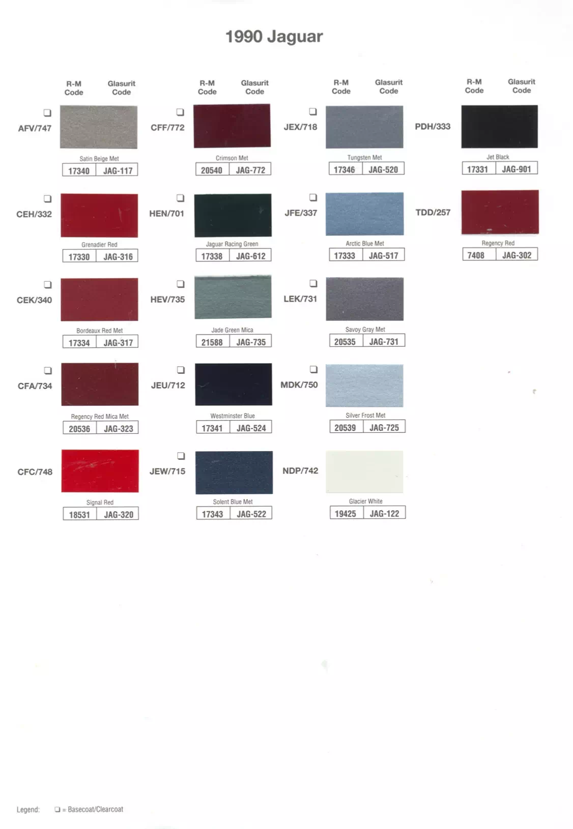 1990 Jaguar Paint Codes & Color Chart Paint color examples, their ordering codes, the oem color code, and vehicles the color was used on