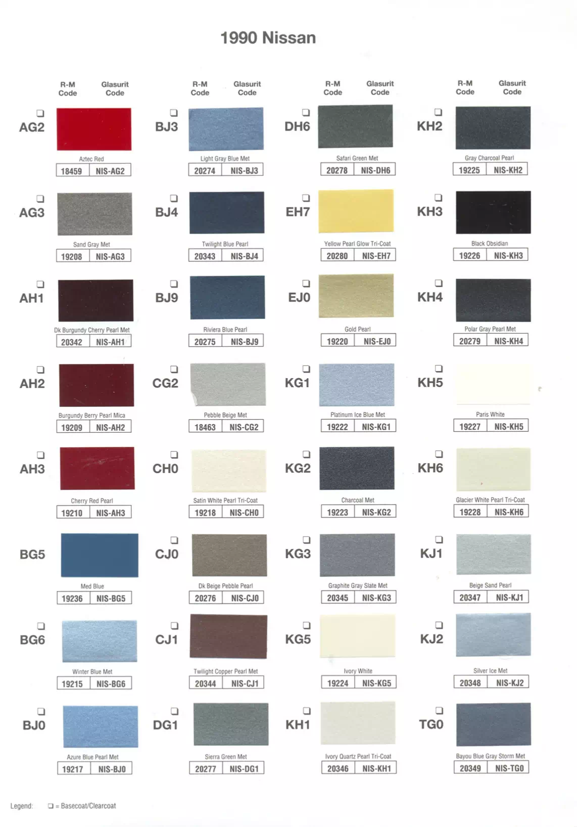 Exterior paint colors for Nissan and Infiniti vehicles and their ordering codes and stock numbers