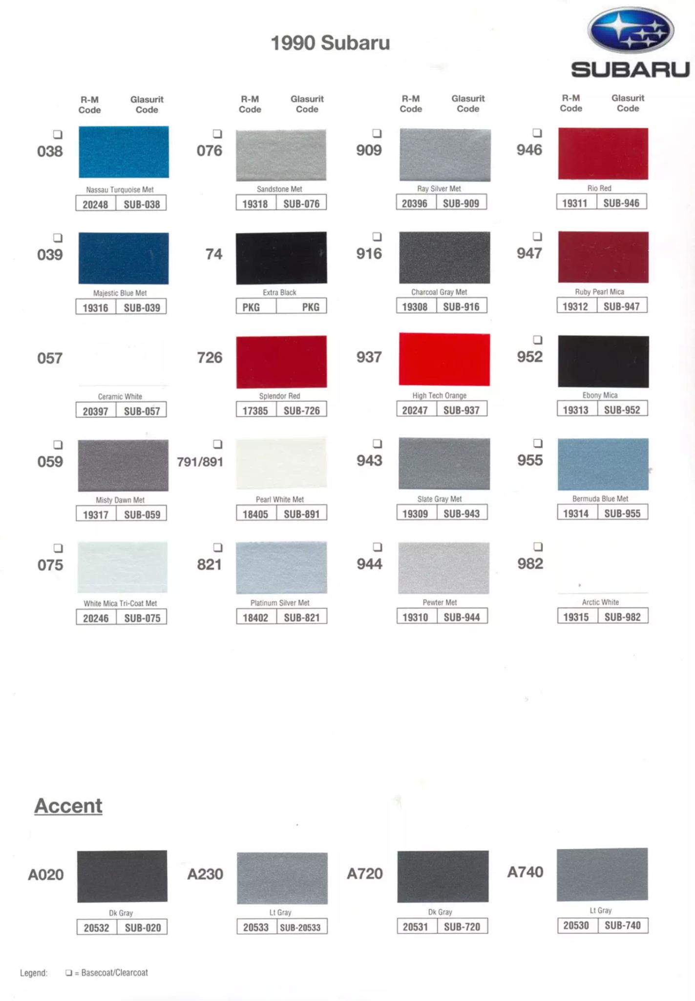 1990 Subaru Paint Chart and Color Codes Paint Color and Codes Used By Subaru