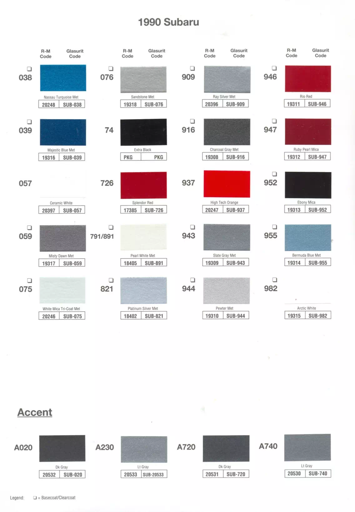 1990 Subaru Paint Codes & Color Chart Paint color examples, their ordering codes, the oem color code, and vehicles the color was used on