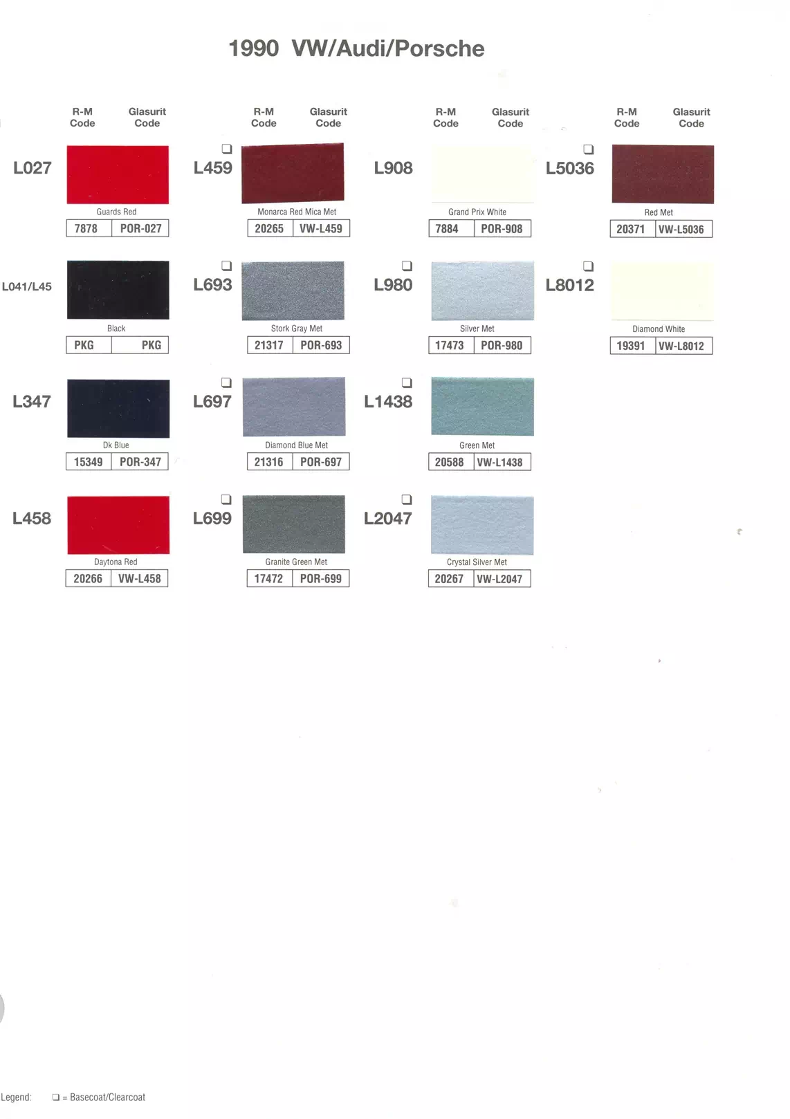 1990 Volkswagen, Audi & Porsche Paint Codes & Color Chart Paint color examples, their ordering codes, the oem color code, and vehicles the color was used on