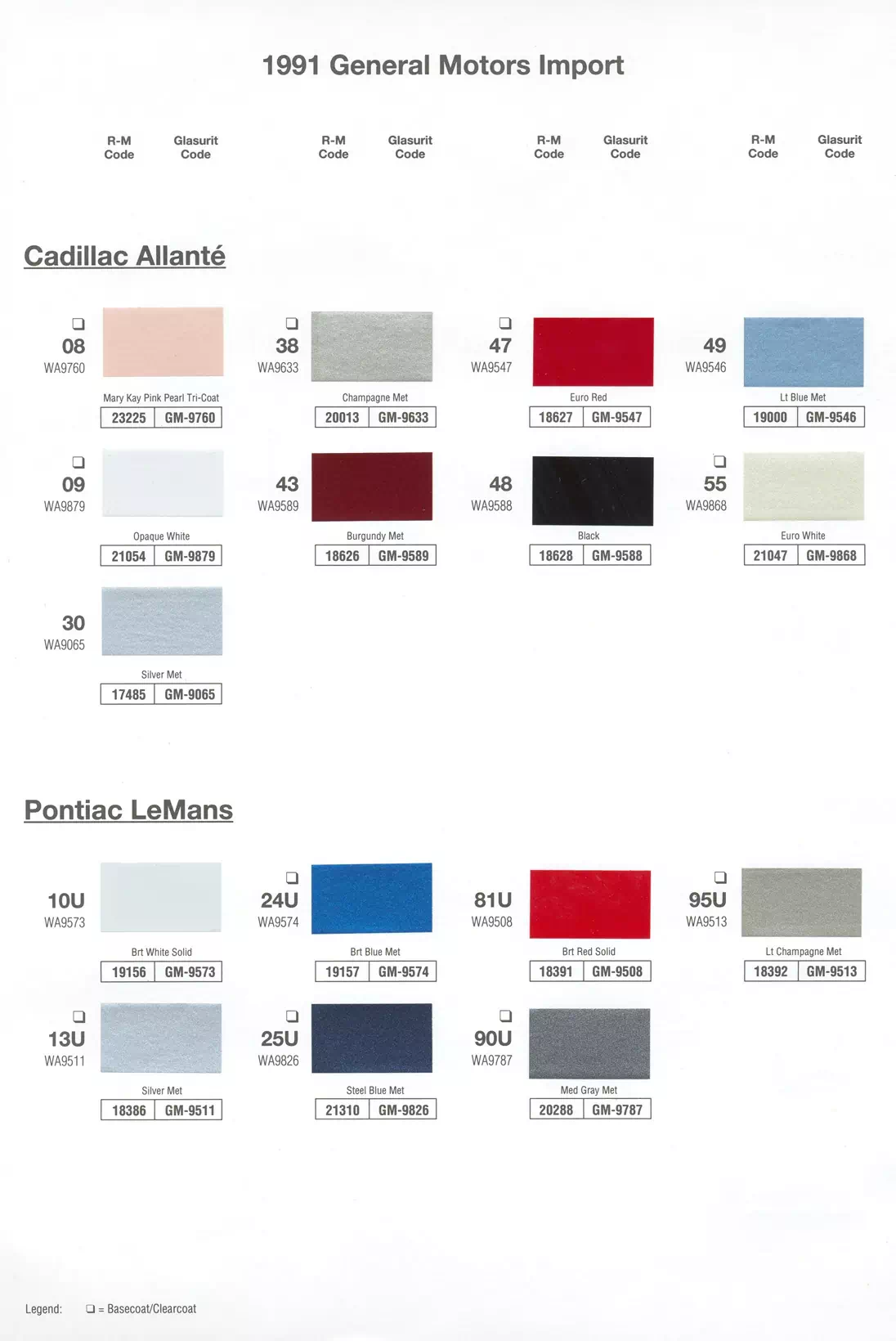 Cadillac and Pontiac imported cars.  Codes and paint color examples to get the right paint.