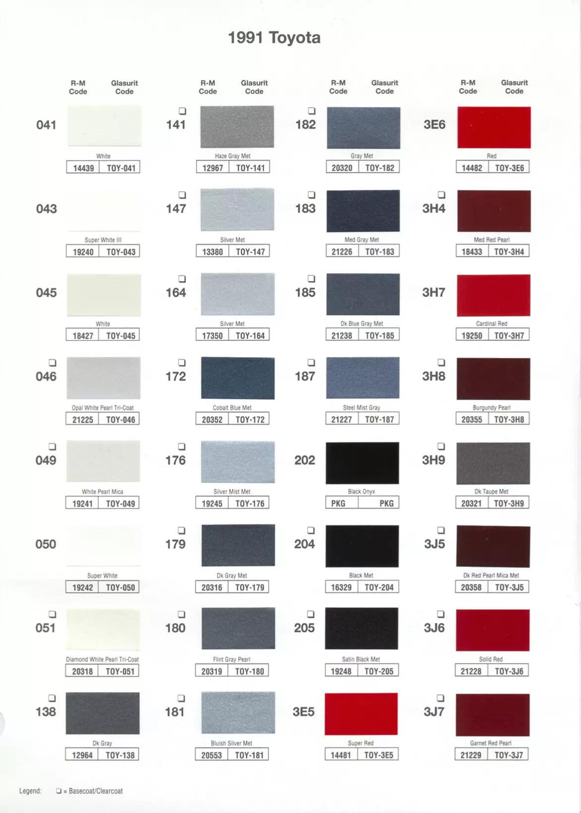 1991 Toyota Paint Codes and Color Chart Toyota and lexus vehicle paint codes for exterior cars, ordering codes and color shades