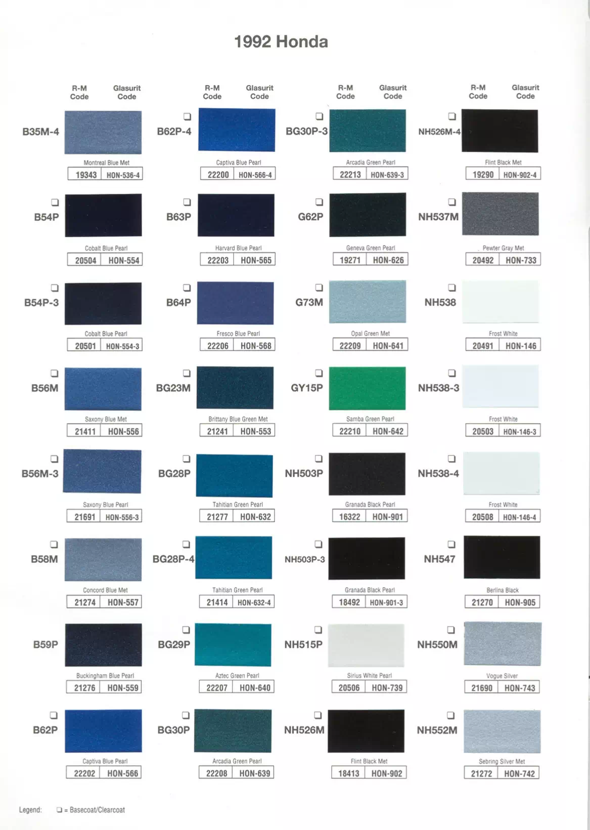 Exterior paint chips and their ordering codes for Honda and Acura Vehicles