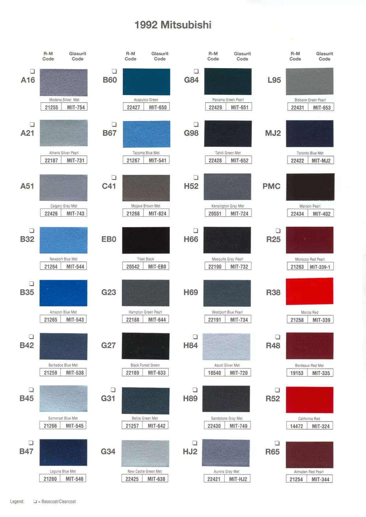 1992 Mitsubishi Paint Codes & Color Chart A paint code chart displaying various color swatches and corresponding codes. This chart is used to identify and select specific paint colors for mixing paint and or buying paint for your Mitsubishi vehicle. There are only so many paints used every year. This chart helps you decide what color it is.